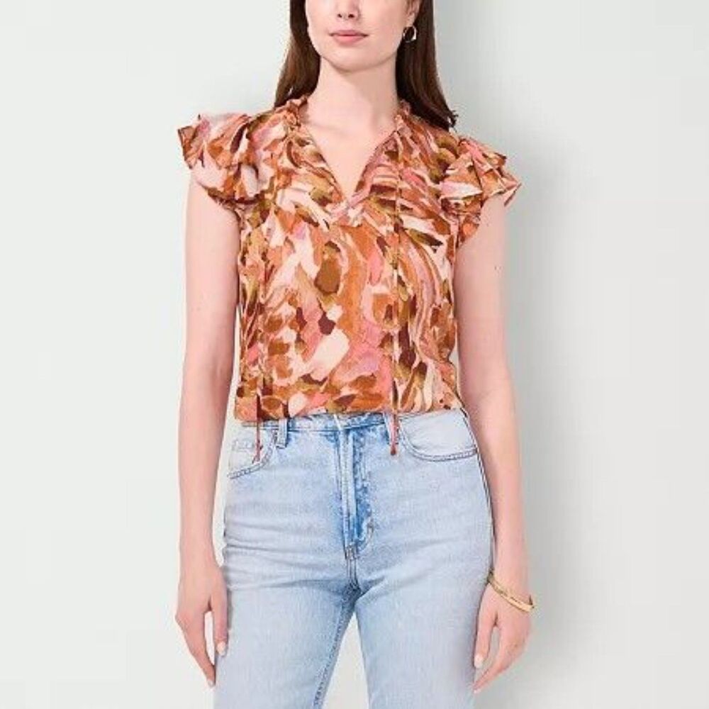 Sam And Jess Women's Split Tie Neck Short Sleeve Blouse, SIZE XS, 5D-139T002